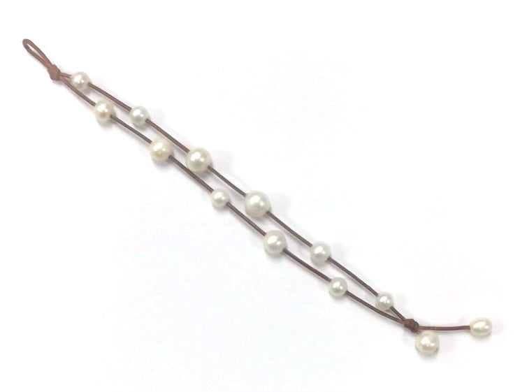 Wendy Mignot Music Two Strand Freshwater Pearl and Leather Anklet White
