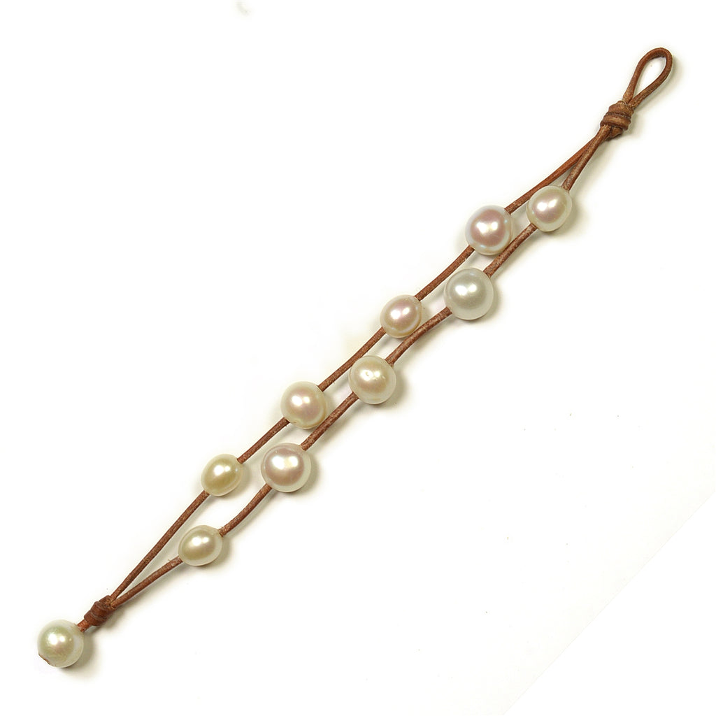 Wendy Mignot Music Two Strand Freshwater Pearl and Leather Bracelet White