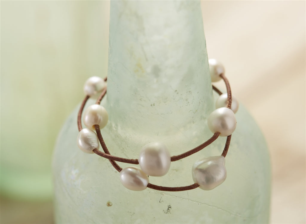 Wendy Mignot Music Two Strand Freshwater Pearl and Leather Bracelet White