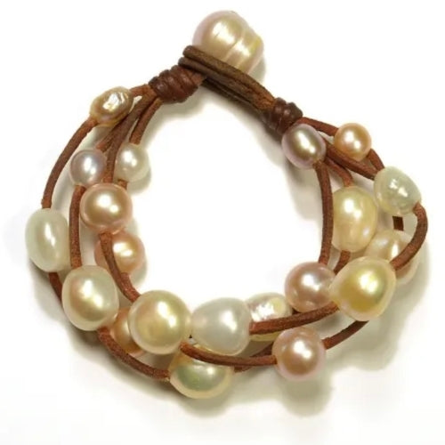 Fine Pearls and Leather Jewelry by Designer Wendy Mignot Music Four Strand Freshwater Bracelet Multicolor