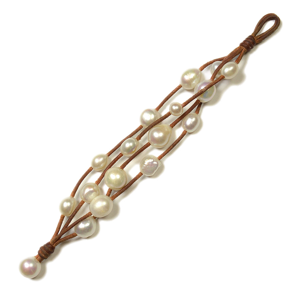 Wendy Mignot Music Four Strand Freshwater Pearl and Leather Bracelet Pearl White