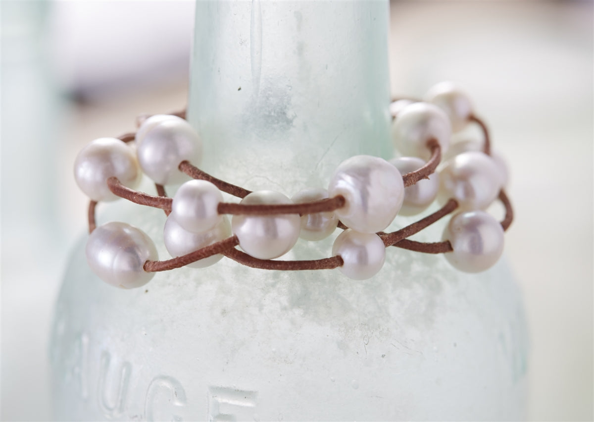 Wendy Mignot Music Four Strand Freshwater Pearl and Leather Bracelet Pearl White