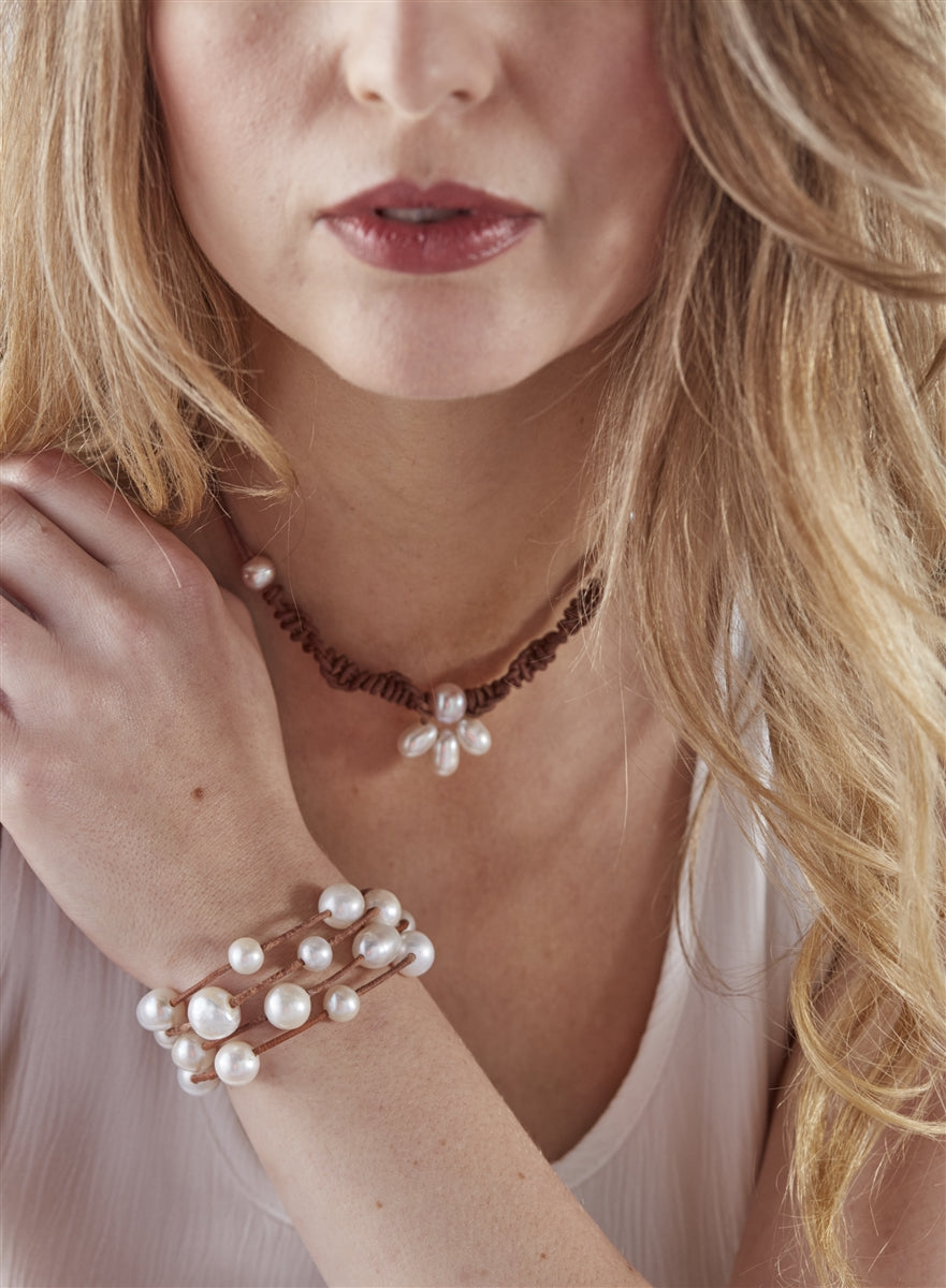 Wendy Mignot Music Four Strand Freshwater Pearl and Leather Bracelet Pearl White