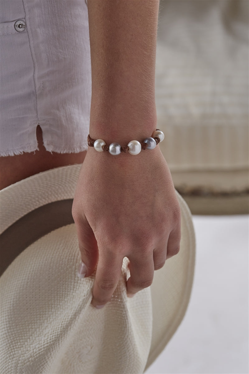 Wendy Mignot Breezy Five Pearl Freshwater Pearl and Leather Bracelet with Knots, Multicolor LTD