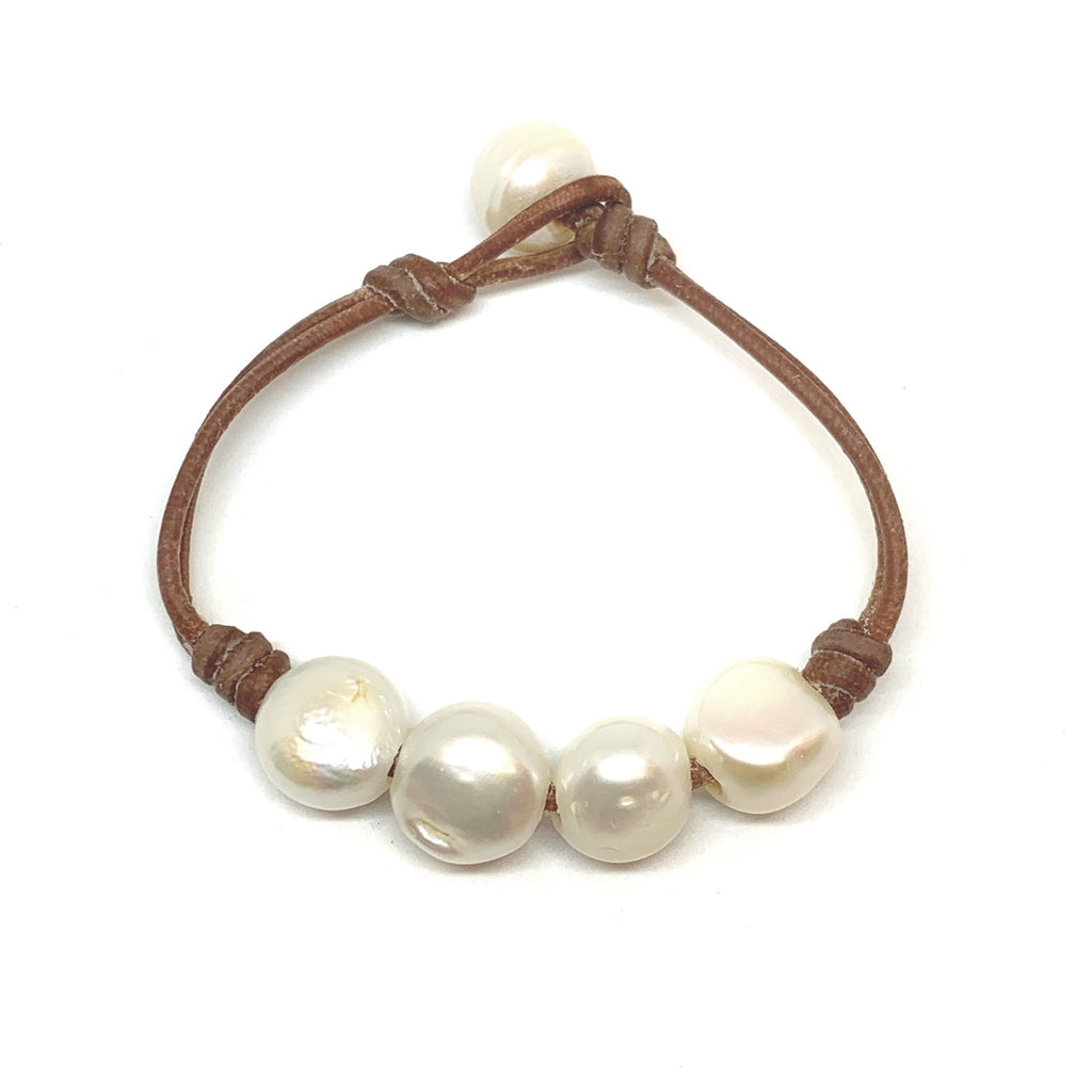 Fine Pearls and Leather Jewelry by Designer Wendy Mignot Flat Four Freshwater Pearl Bracelet