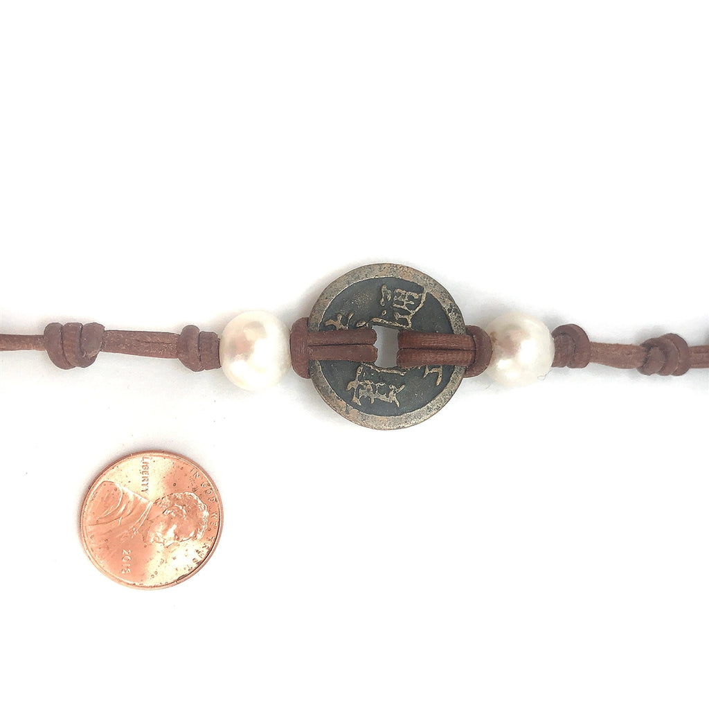 Wendy Mignot Ming Dynasty Bronze Coin and Pearl and Leather Bracelet