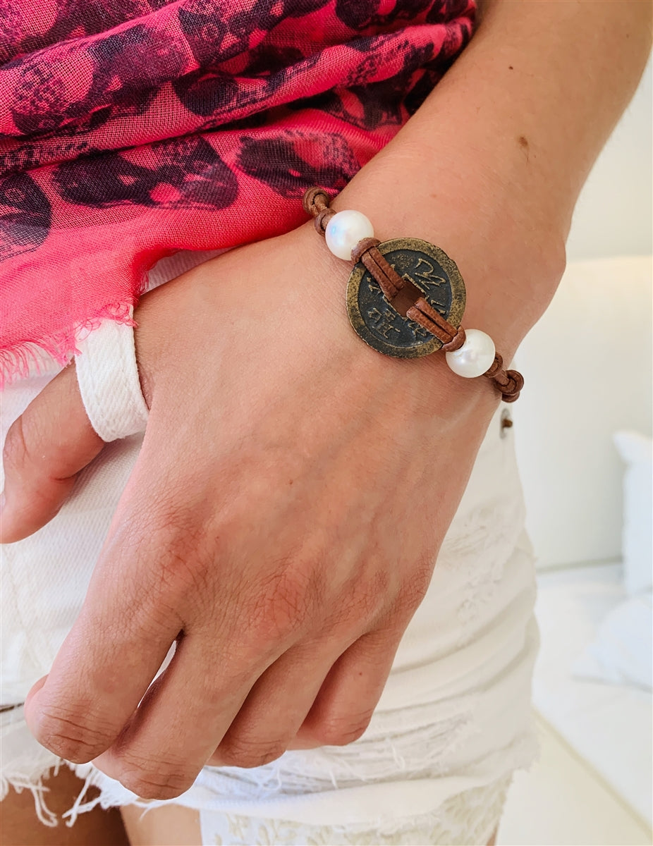Wendy Mignot Ming Dynasty Bronze Coin and Pearl and Leather Bracelet