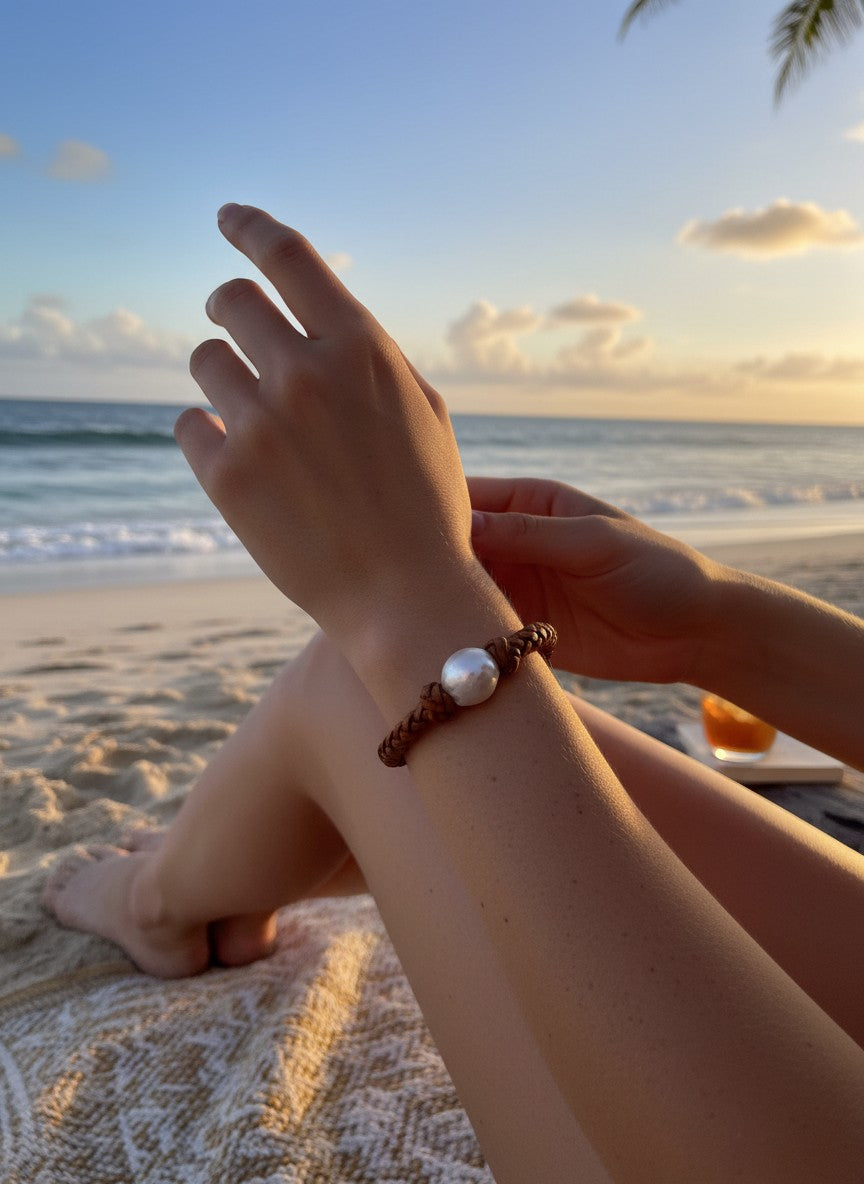 Wendy Mignot Single Braid Aurora Borealis Edison Pearl and Leather Bracelet