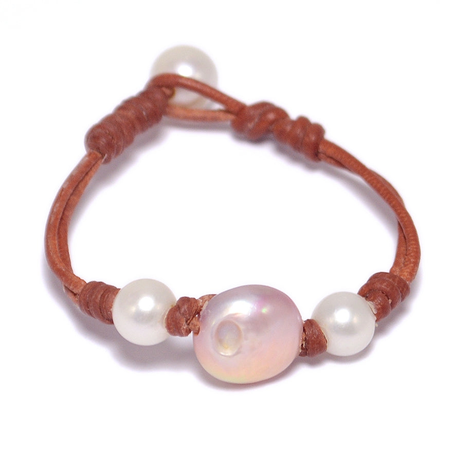 Fine Pearls and Leather Jewelry by Designer Wendy Mignot Stop Light Freshwater Bracelet