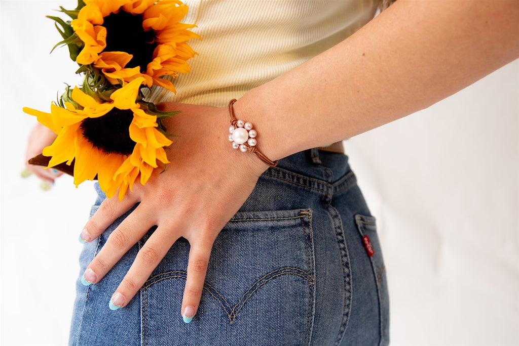 Wendy Mignot Sunflower Freshwater Pearl and Leather Bracelet-Multi