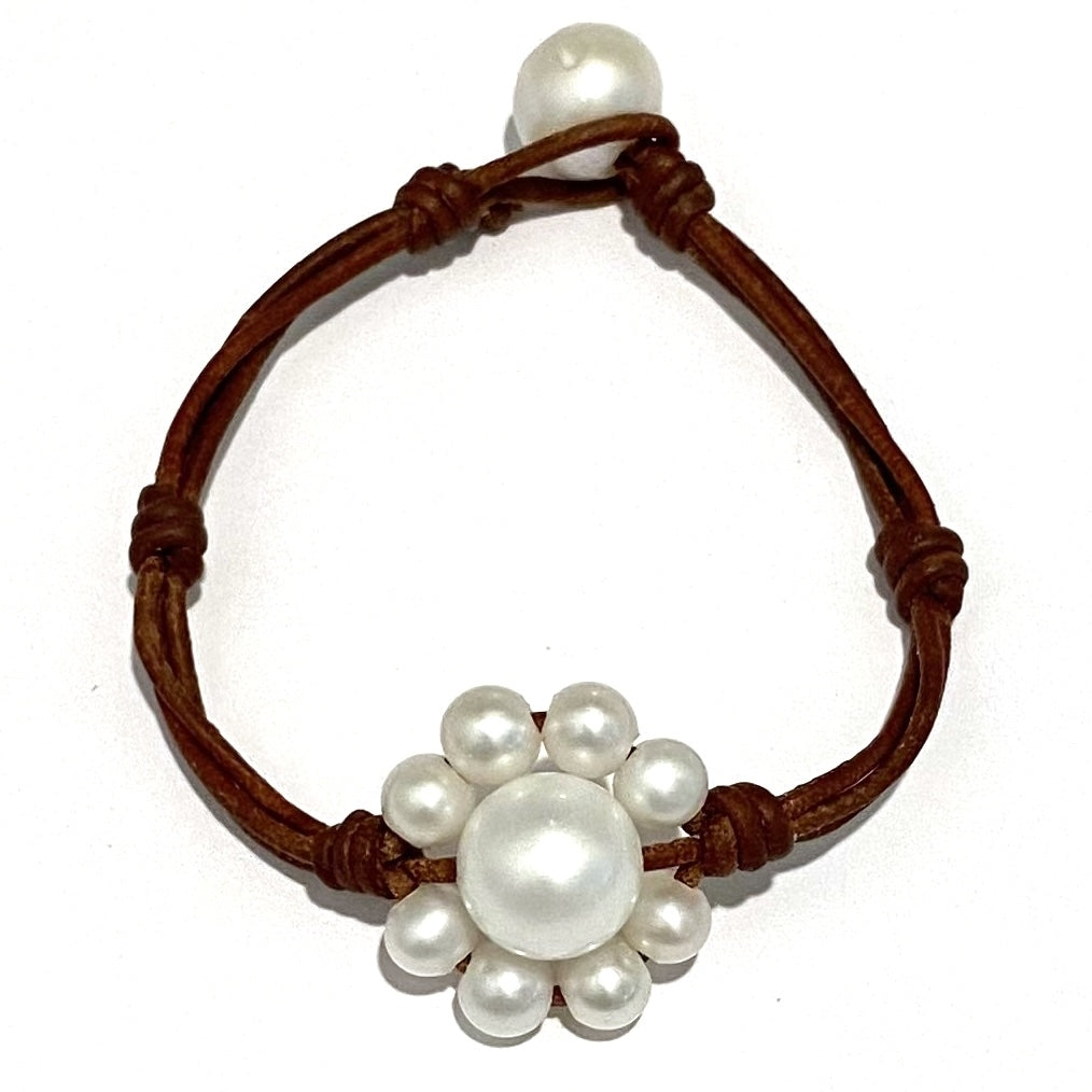 Fine Pearls and Leather jewelry by Designer Wendy Mignot Sunflower Freshwater Pearl and Leather Bracelet