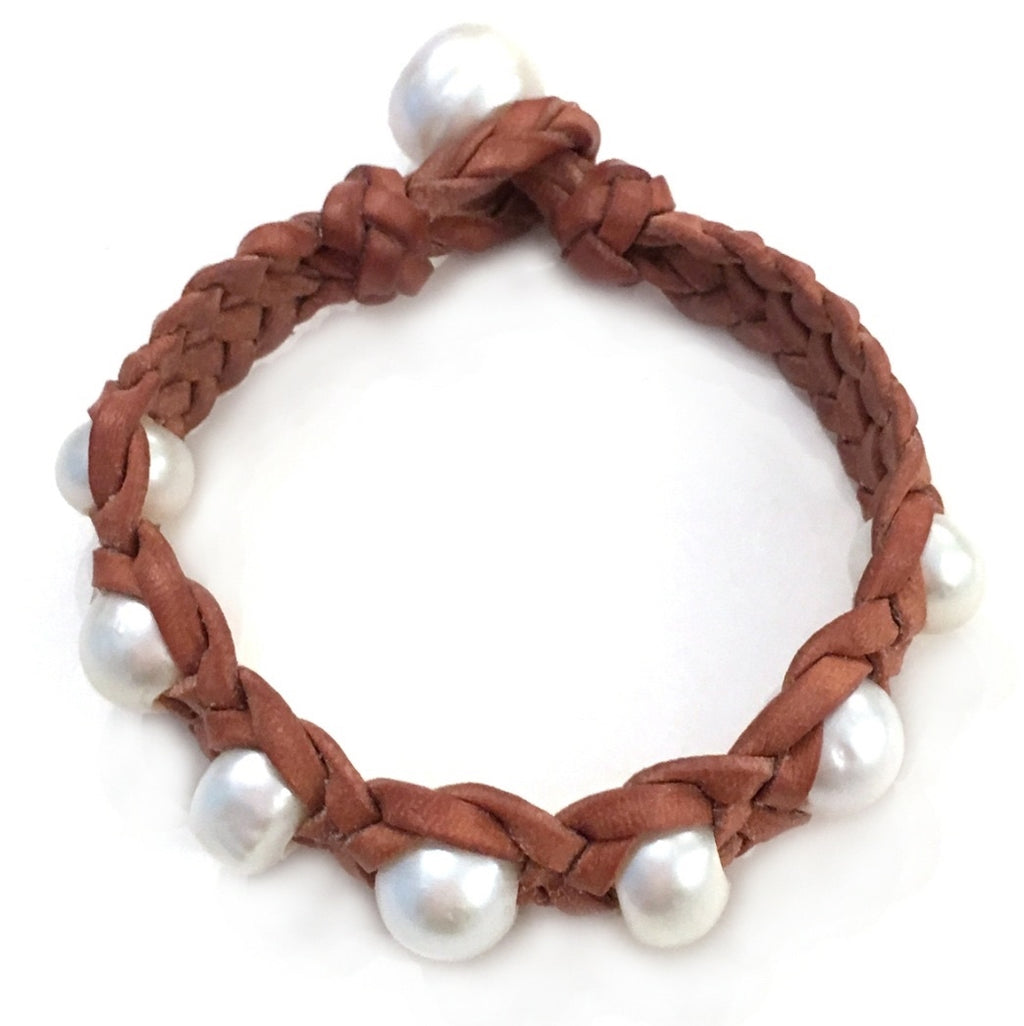 Fine Pearls and Leather jewelry by Designer Wendy Mignot Daisy Three Pearl Freshwater Bracelet with Knots