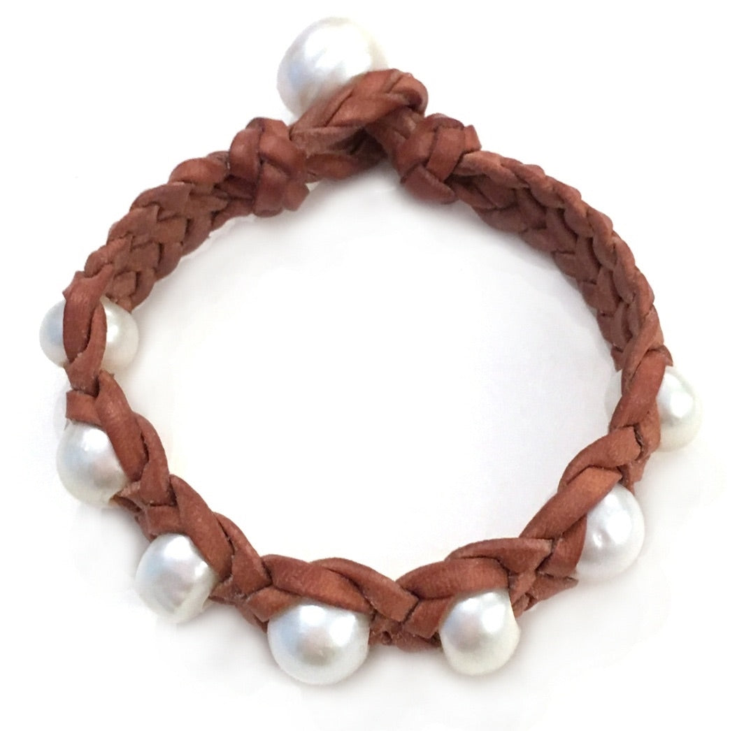 Fine Pearls and Leather jewelry by Designer Wendy Mignot Daisy Three Pearl Freshwater Bracelet with Knots