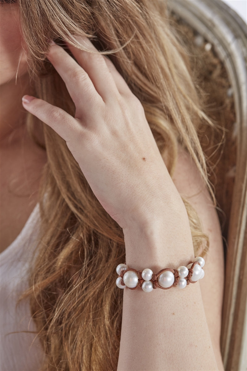 Wendy Mignot Freshwater Pearl and Leather Zoya  Bracelet White