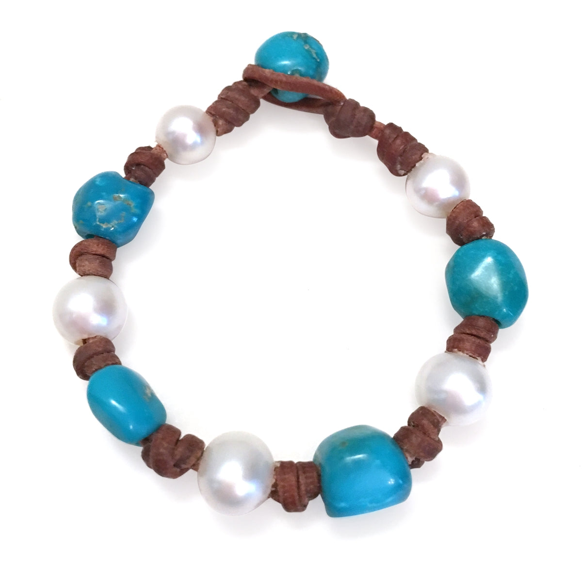 Fine Pearls and Leather Jewelry by Designer Wendy Mignot All Around Freshwater, Turquoise Bracelet LTD