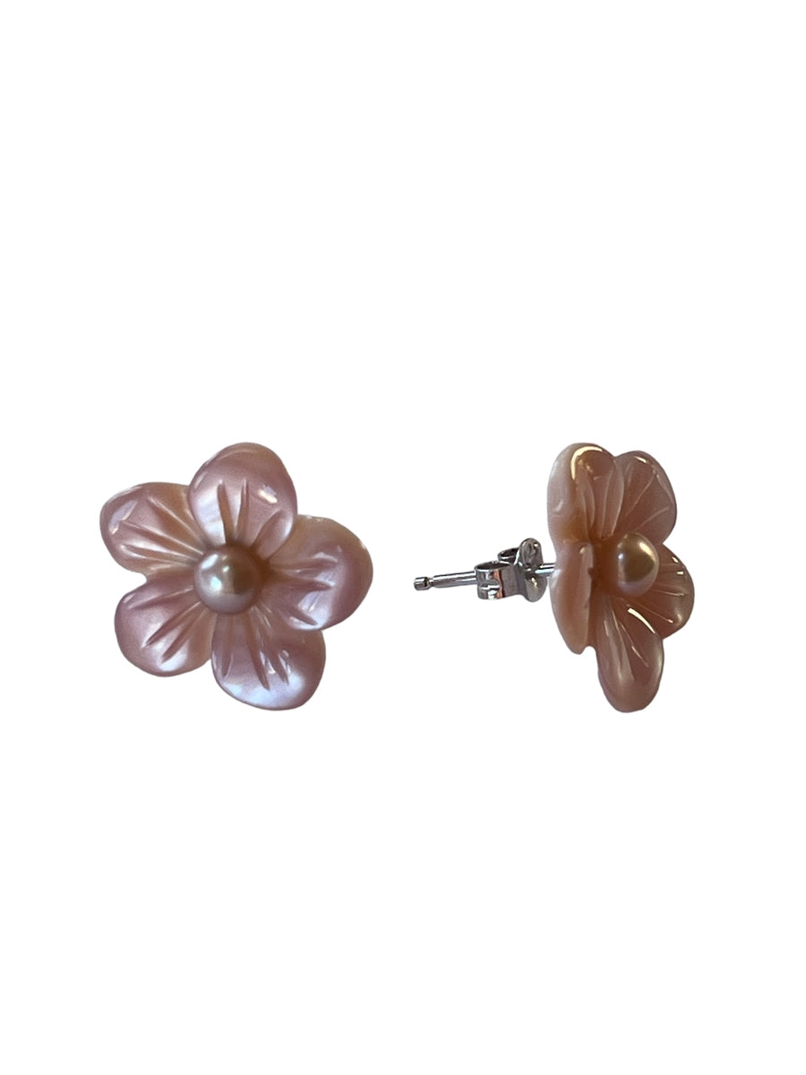 Hibiscus Pearl and Pink Mother of Pearl Stud Earrings