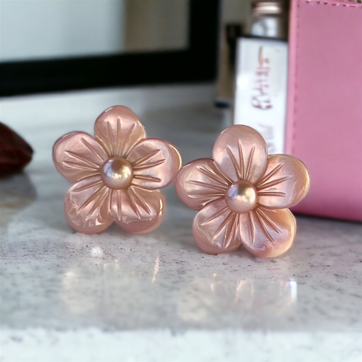 Hibiscus Pearl and Pink Mother of Pearl Stud Earrings