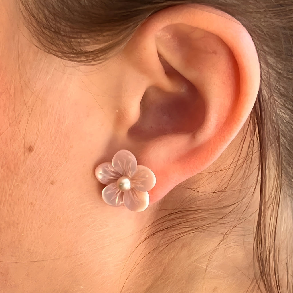 Hibiscus Pearl and Pink Mother of Pearl Stud Earrings