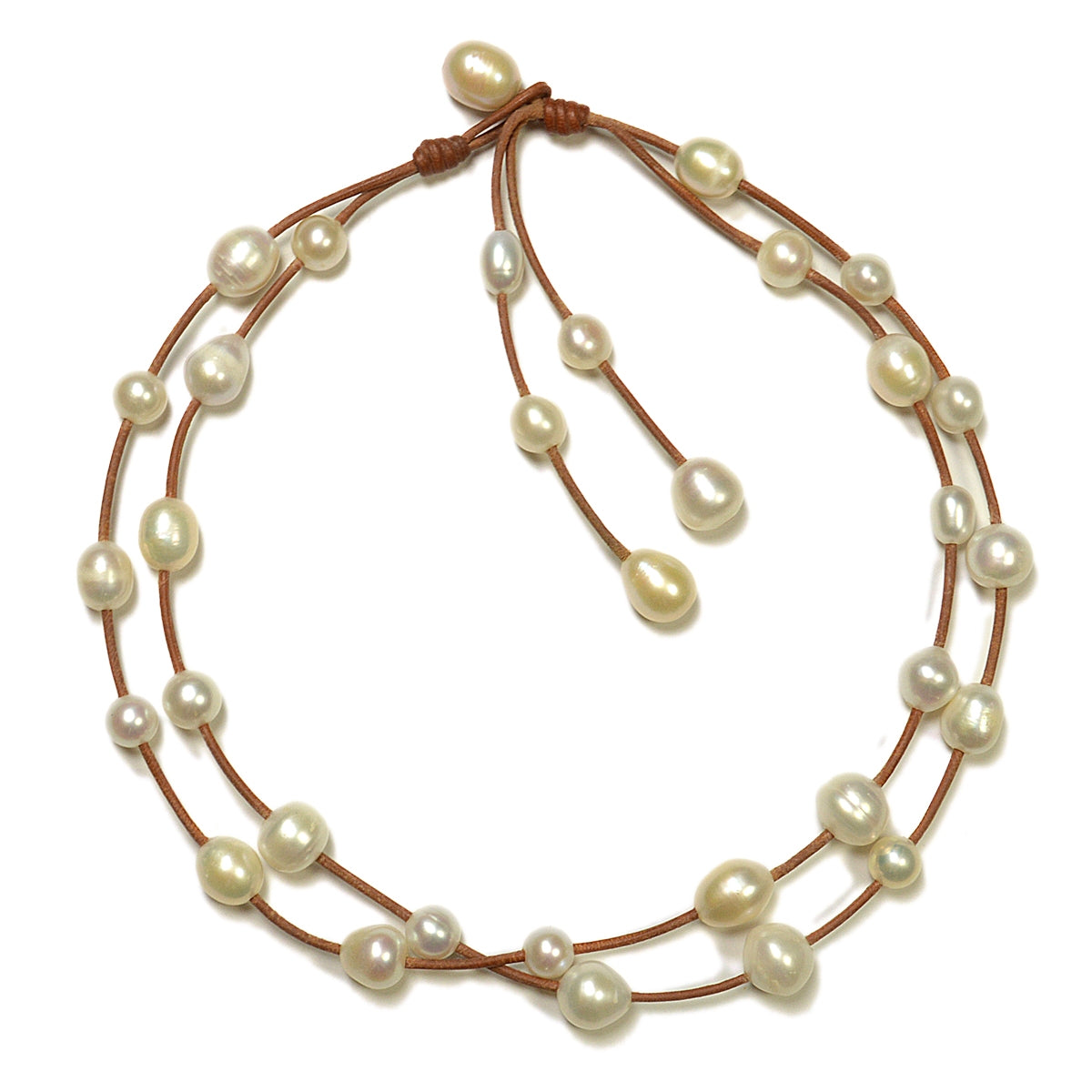 Fine Pearls and Leather Jewelry by Designer Wendy Mignot Music Two Strand Freshwater Necklace White