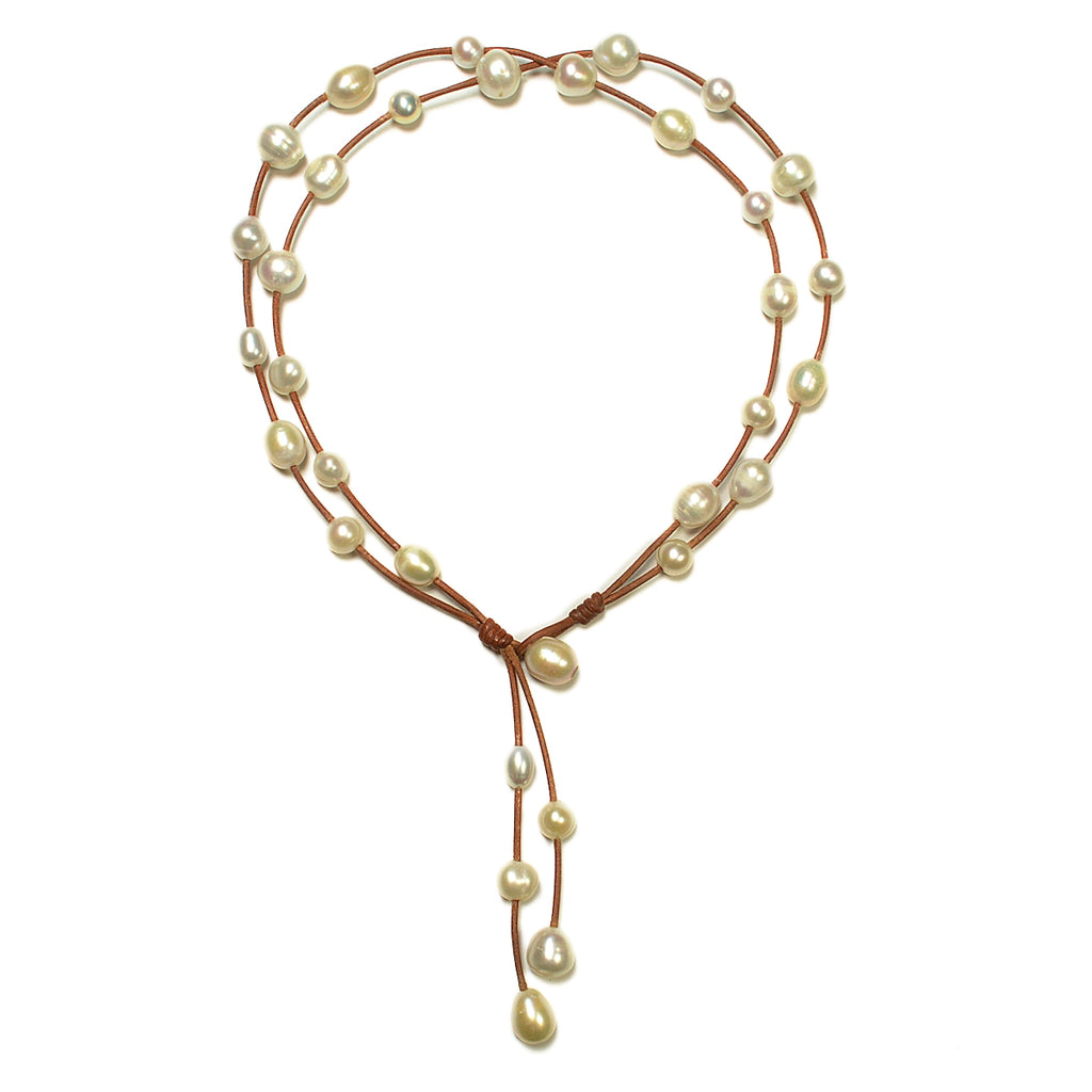 Wendy Mignot Music Two Strand Freshwater Pearl and Leather Necklace White