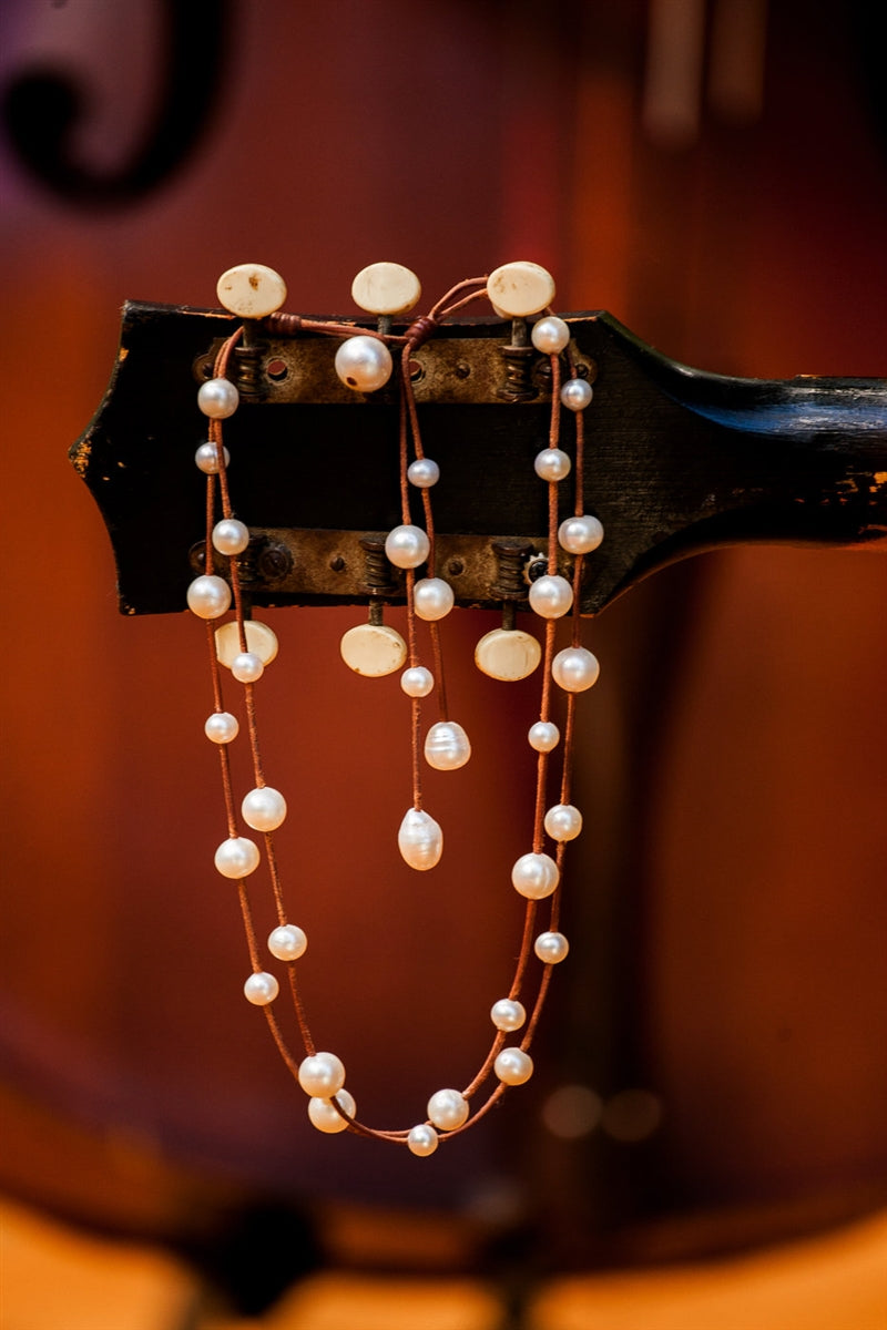 Wendy Mignot Music Two Strand Freshwater Pearl and Leather Necklace White