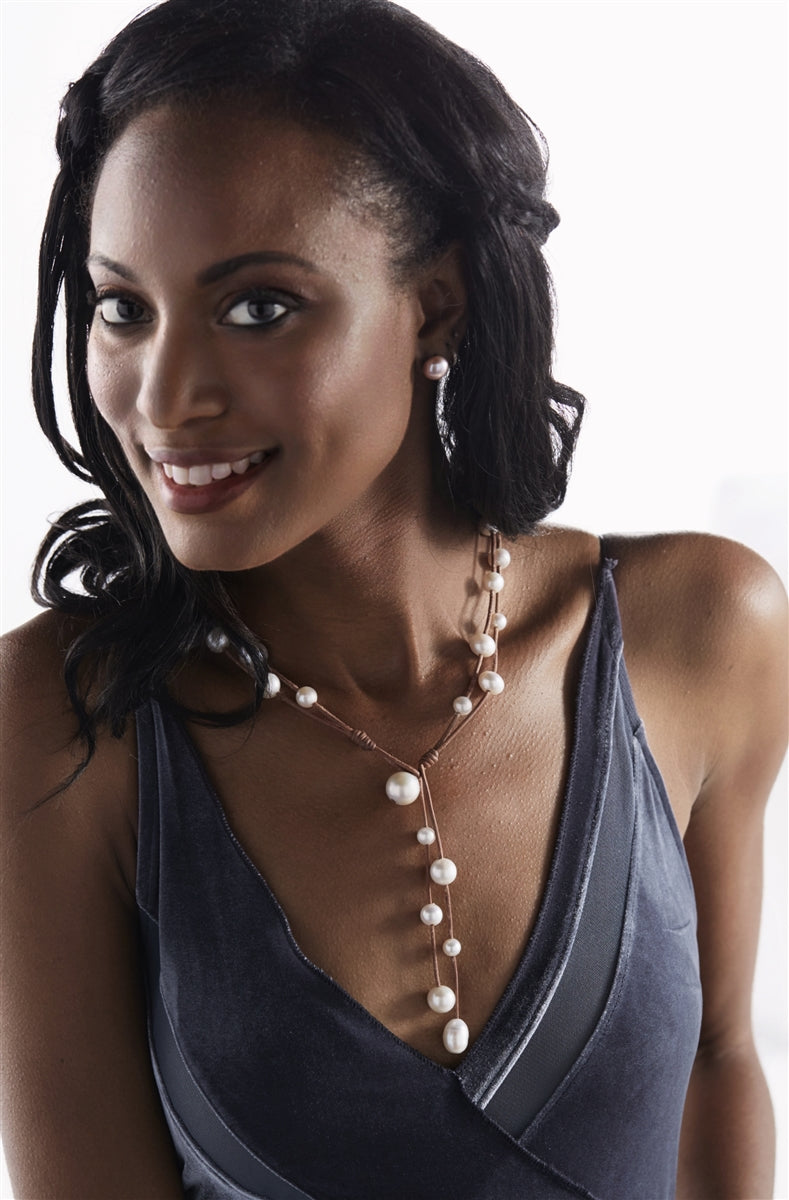 Wendy Mignot Music Two Strand Freshwater Pearl and Leather Necklace White