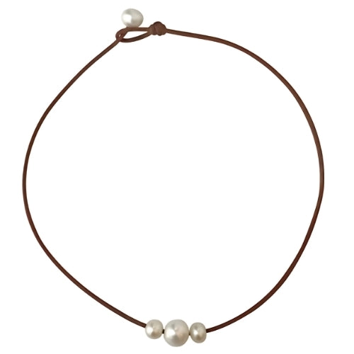 Fine Pearls and Leather Jewelry by Designer Wendy Mignot Daisy Three Pearl Freshwater Necklace White