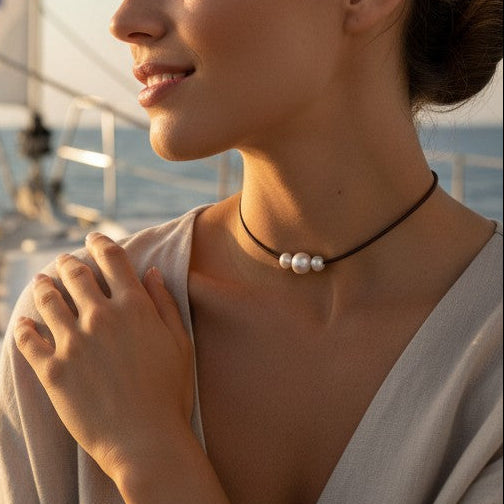 Wendy Mignot Daisy Three Pearl Freshwater Pearl and Leather Necklace White