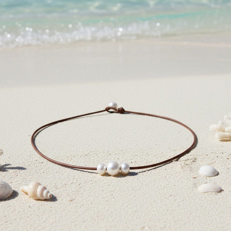 Wendy Mignot Daisy Three Pearl Freshwater Pearl and Leather Necklace White