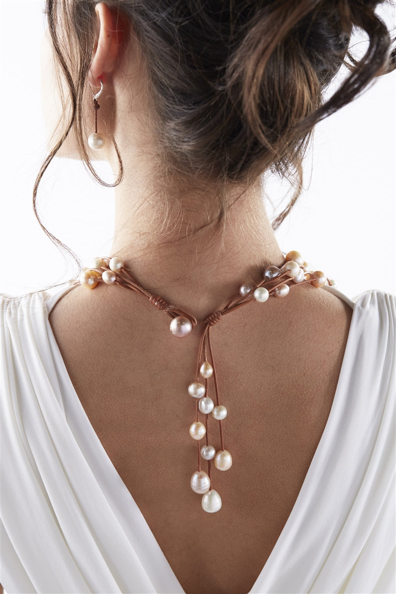 Wendy Mignot Music Four Strand Freshwater Pearl and Leather Necklace Multicolor