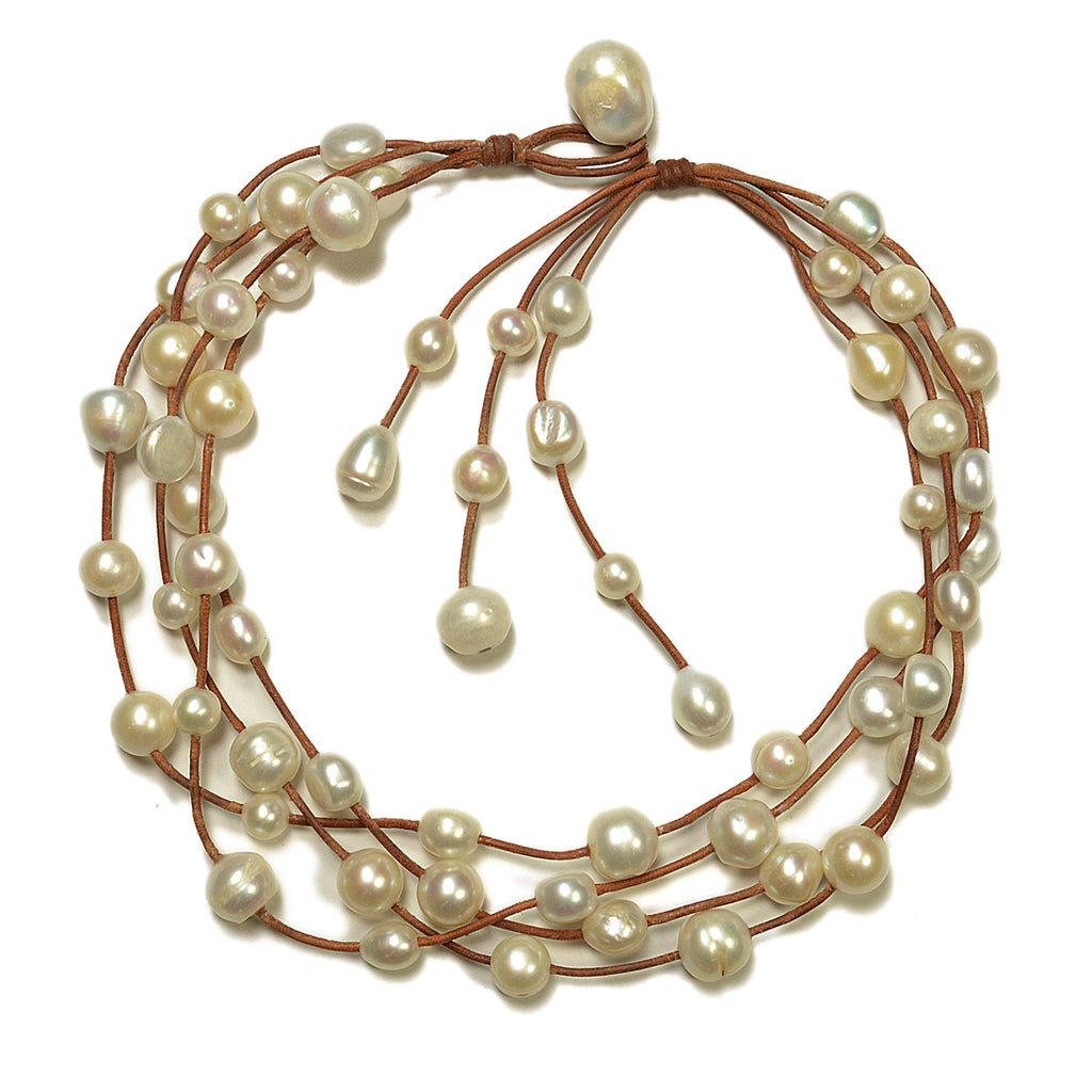 Fine Pearls and Leather Jewelry by Designer Wendy Mignot Music Four Strand Freshwater Necklace White