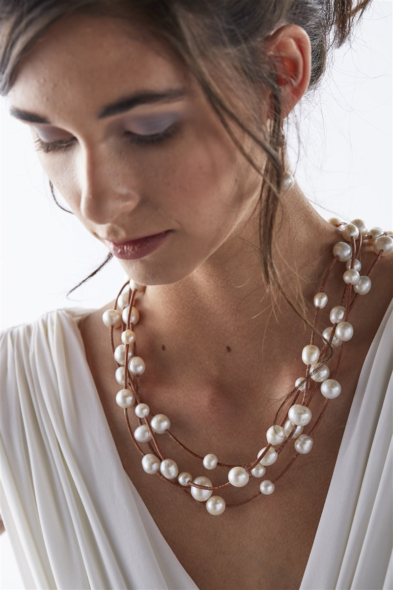 Wendy Mignot Music Four Strand Freshwater Pearl and Leather Necklace White