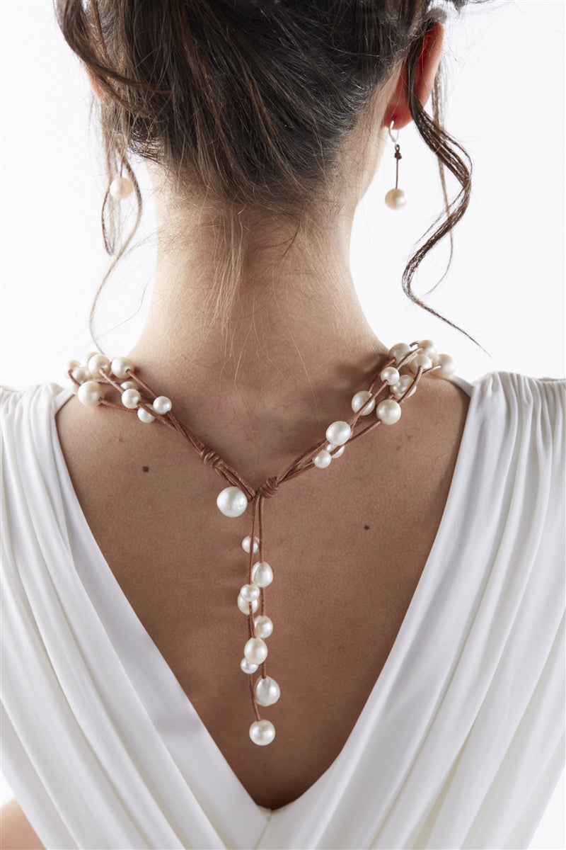 Wendy Mignot Music Four Strand Freshwater Pearl and Leather Necklace White