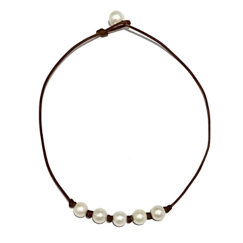 photo of Wendy Mignot Breezy Five Pearl Freshwater Pearl and Leather Necklace White with Knots