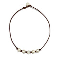 Fine Pearls and Leather jewelry by Designer Wendy Mignot Five Pearl Freshwater Necklace White with Knots