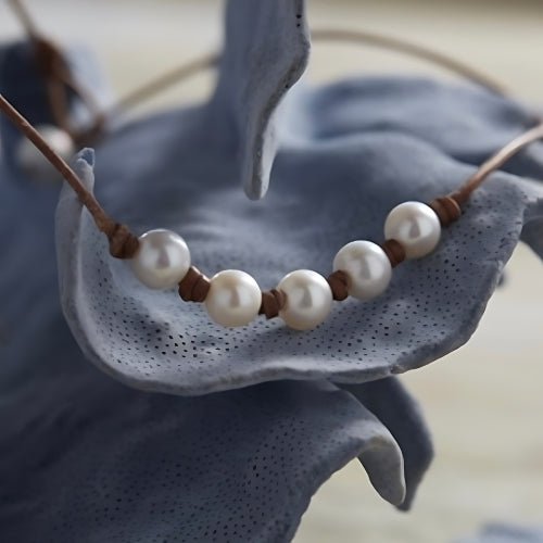 Wendy Mignot Breezy Five Pearl Freshwater Pearl and Leather Necklace White with Knots