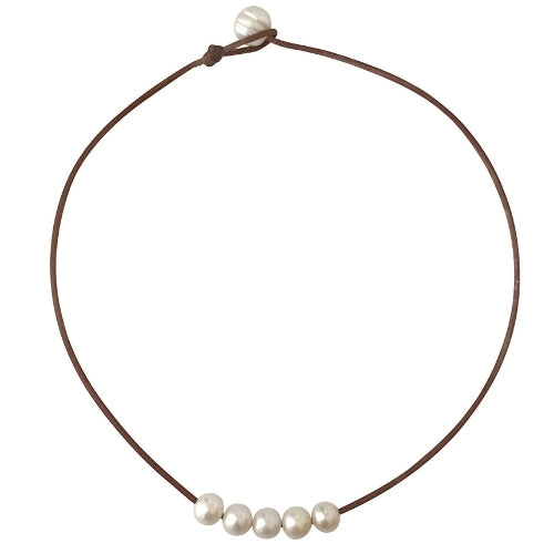 Wendy Mignot Breezy Five Freshwater Pearl and Leather Necklace White