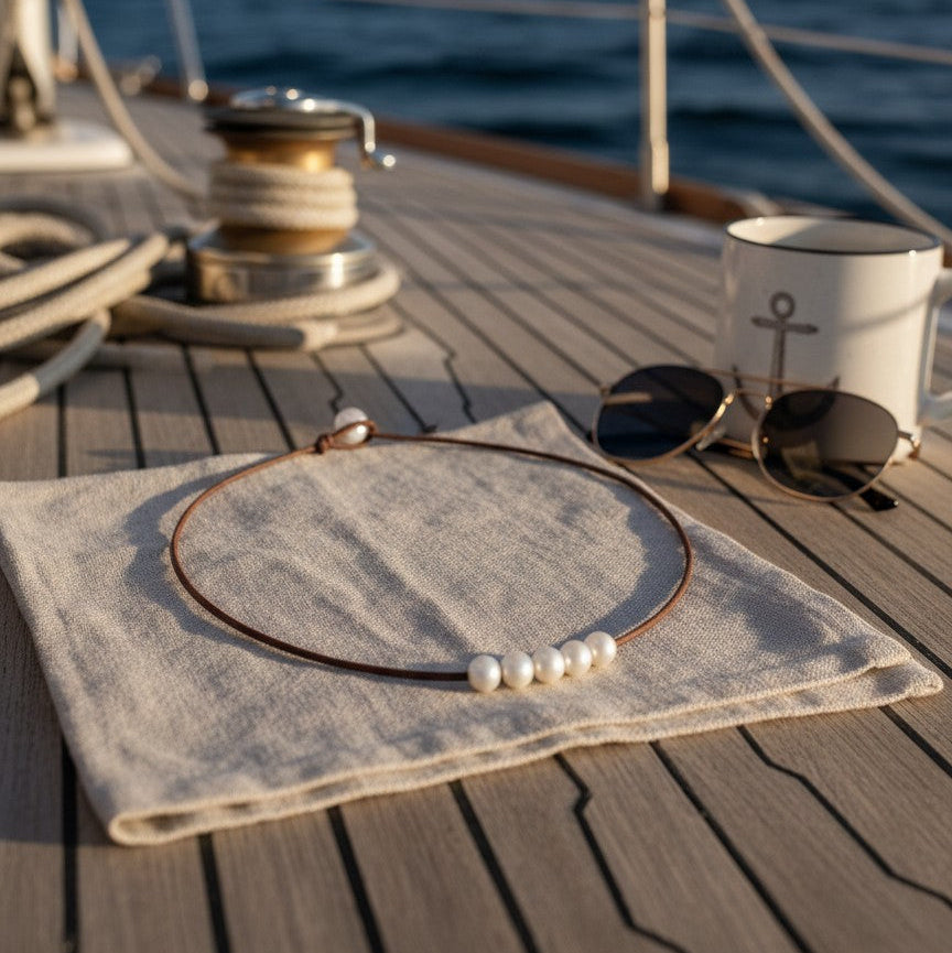 Wendy Mignot Breezy Five Freshwater Pearl and Leather Necklace White