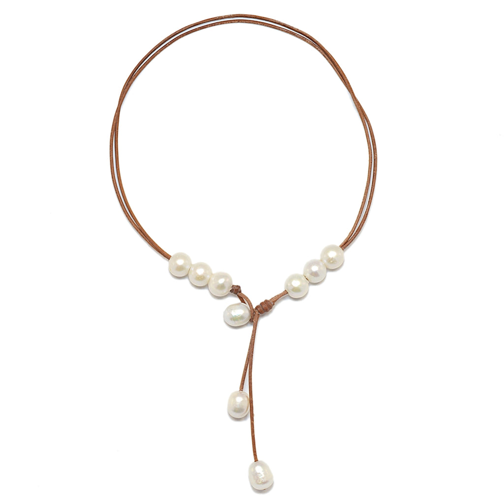 Wendy Mignot Versatile Six Freshwater Pearl and Leather Necklace White