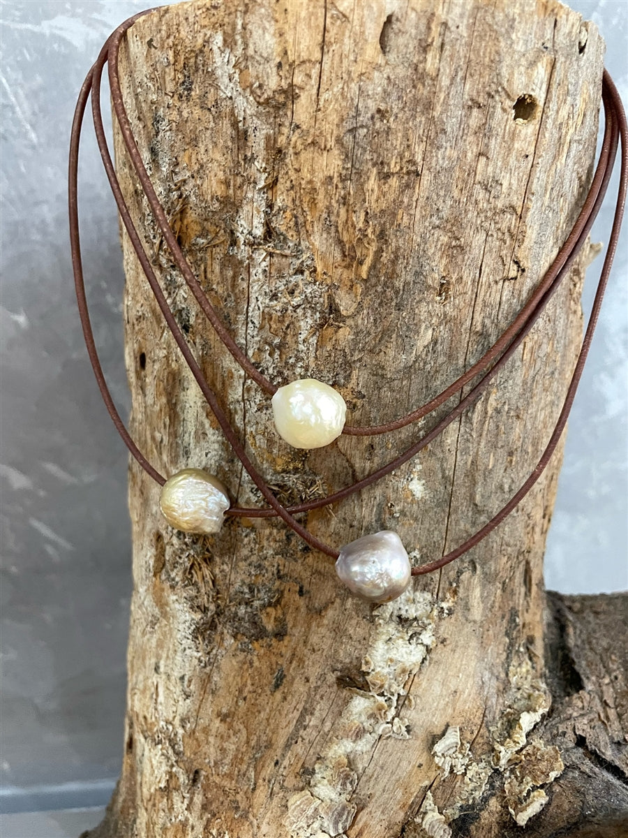 Wendy Mignot Aurora Borealis Single Edison Pearl and Leather Necklace