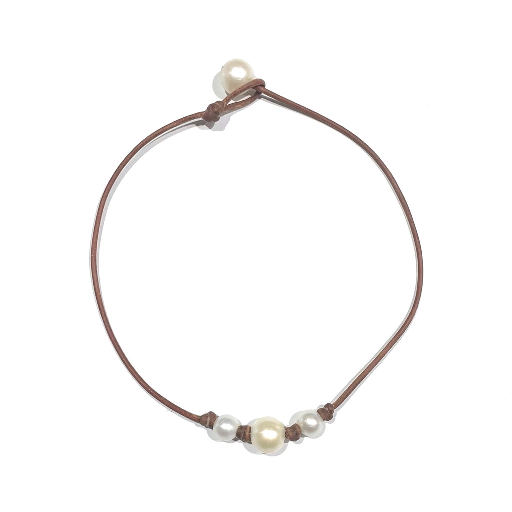 photo of Wendy Mignot Baby Daisy Three Pearl Freshwater Pearl and Leather Necklace White with Knots