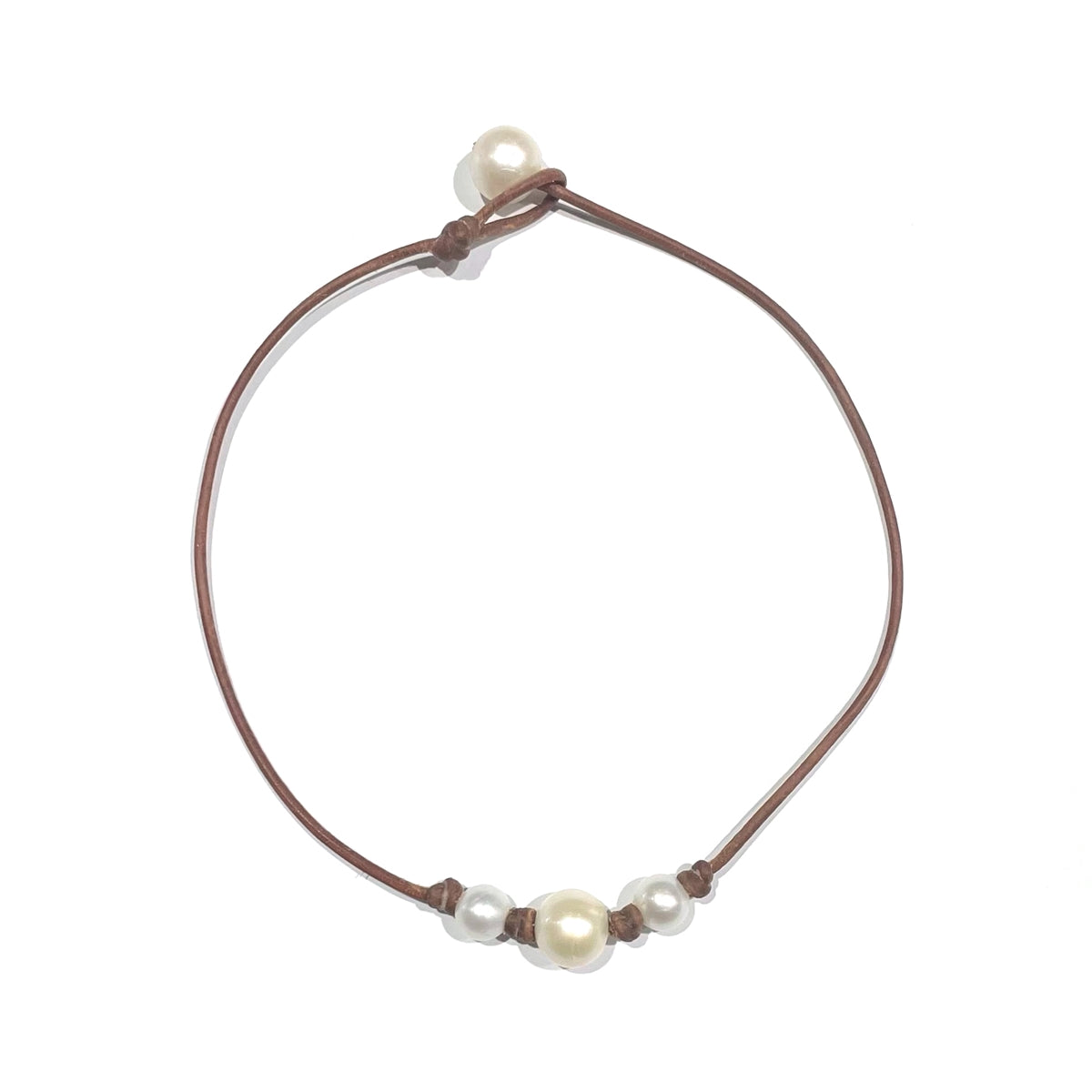 photo of Wendy Mignot Baby Daisy Three Pearl Freshwater Pearl and Leather Necklace White with Knots
