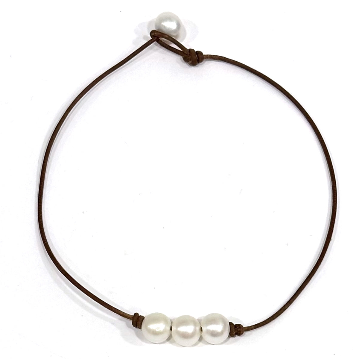 Fine Pearls and Leather Jewelry by Designer Wendy Mignot Bebe Daisy Three Pearl Freshwater Necklace White