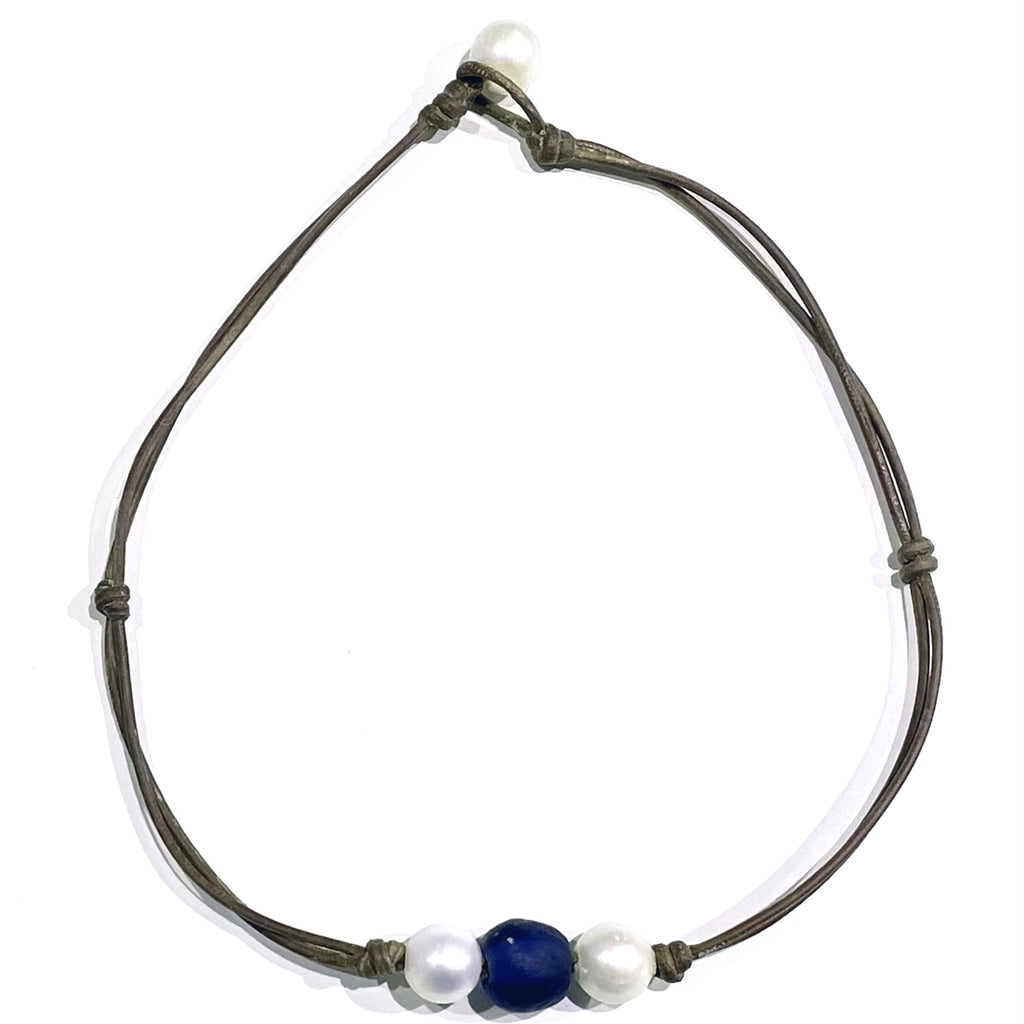 photo of Wendy Mignot Coastline Daisy Freshwater Pearl and Leather Necklace with Ocean Colored Bead