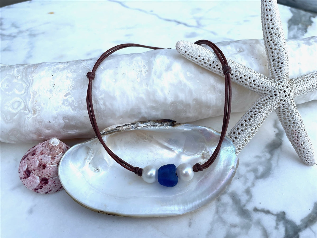 Wendy Mignot Coastline Daisy Freshwater Pearl and Leather Necklace with Ocean Colored Bead