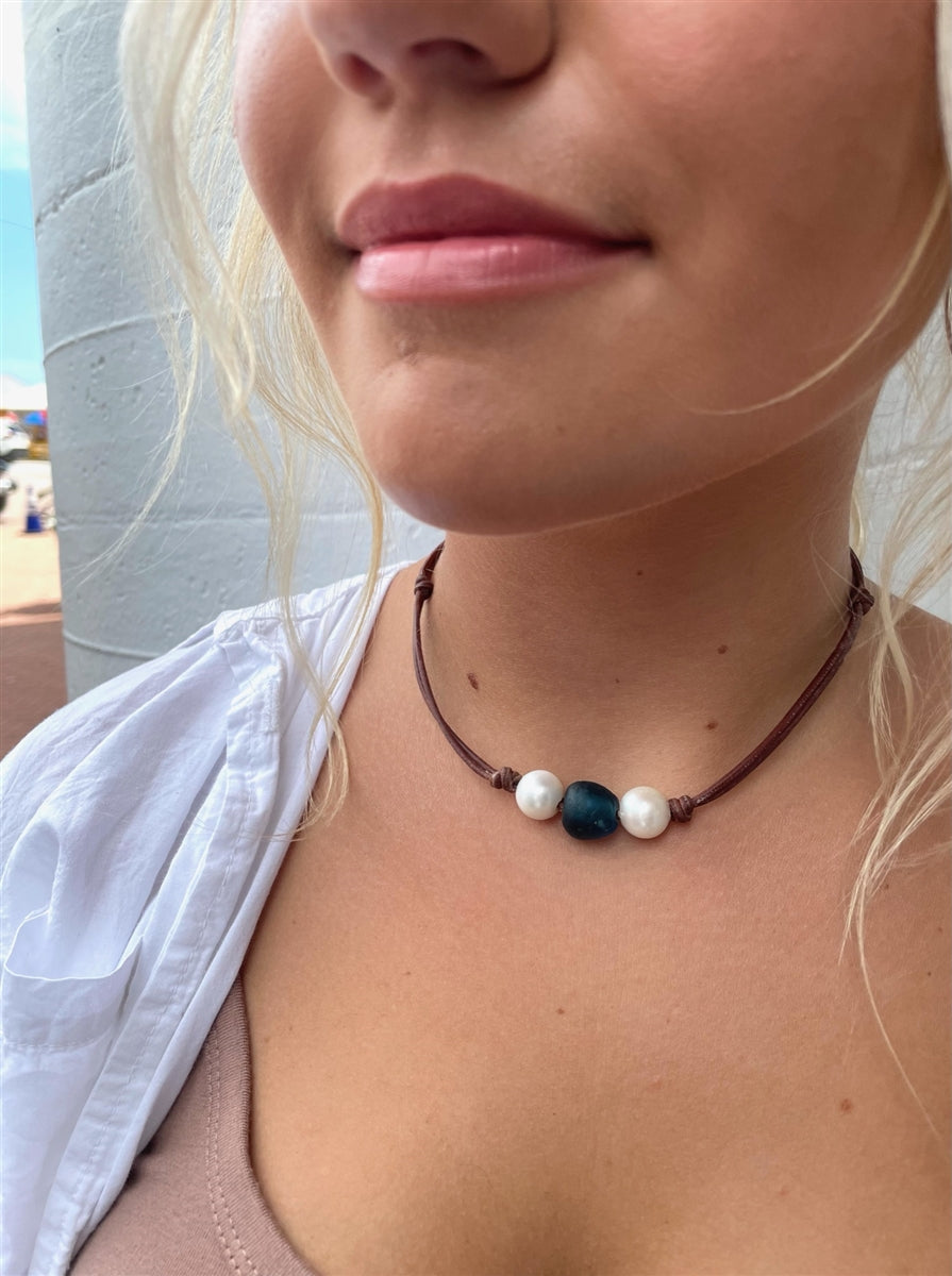 Wendy Mignot Coastline Daisy Freshwater Pearl and Leather Necklace with Ocean Colored Bead