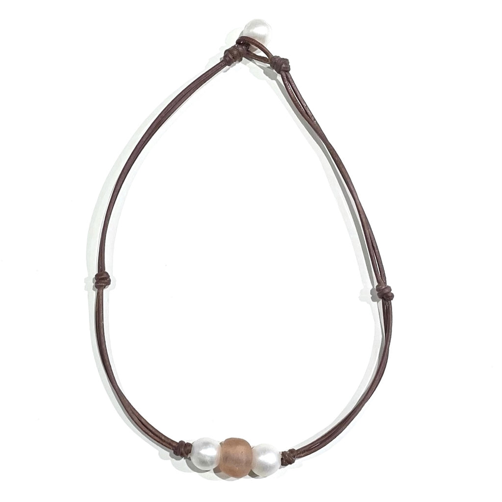 Coastline Daisy Freshwater Pearl and Leather Necklace with Peach Glass Bead by designer Wendy Mignot