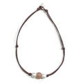 Coastline Daisy Freshwater Pearl and Leather Necklace with Peach Glass Bead by designer Wendy Mignot