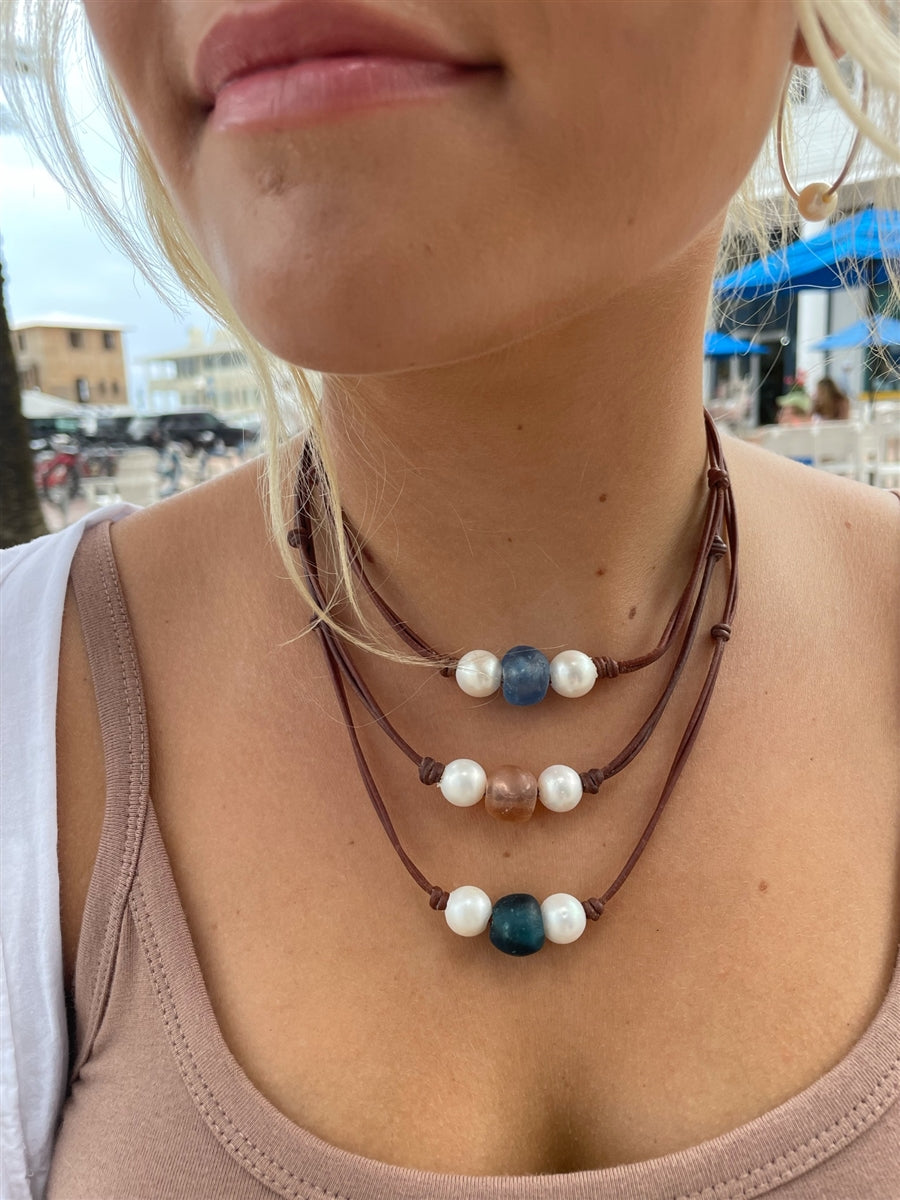 Wendy Mignot Coastline Daisy Freshwater Pearl and Leather Necklace with Peach Glass Bead