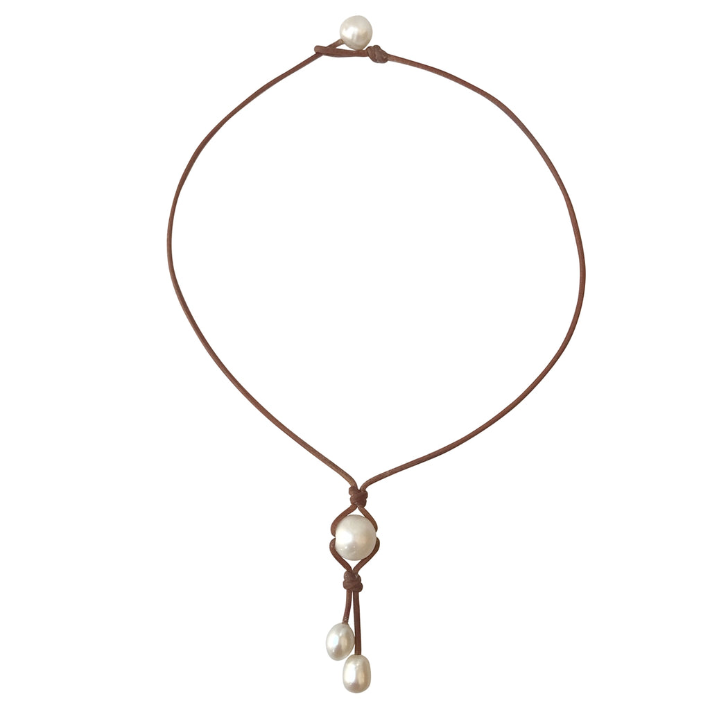 Fine Pearls and Leather jewelry by Designer Wendy Mignot Dawny Drop Freshwater Necklace White